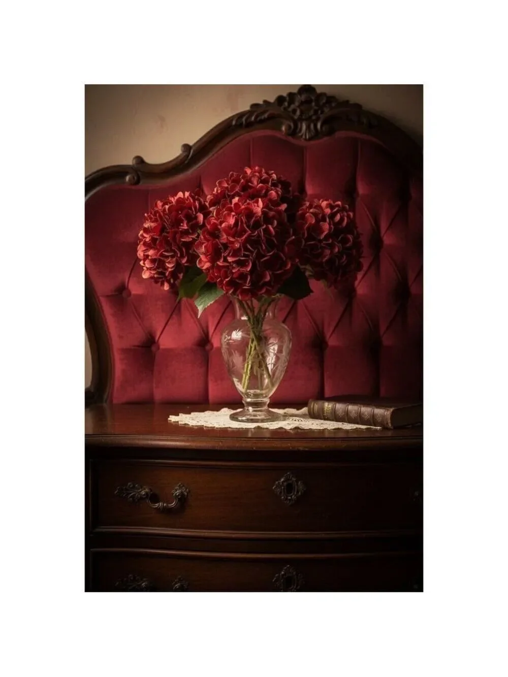 Red Artificial Hydrangea Stem Silk Flower Deep Red Faux Floral Wedding Decor